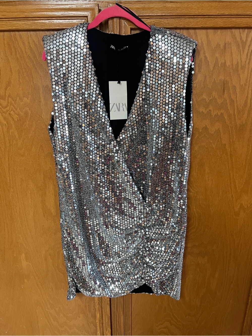 Zara silver sequin draped mini dress L